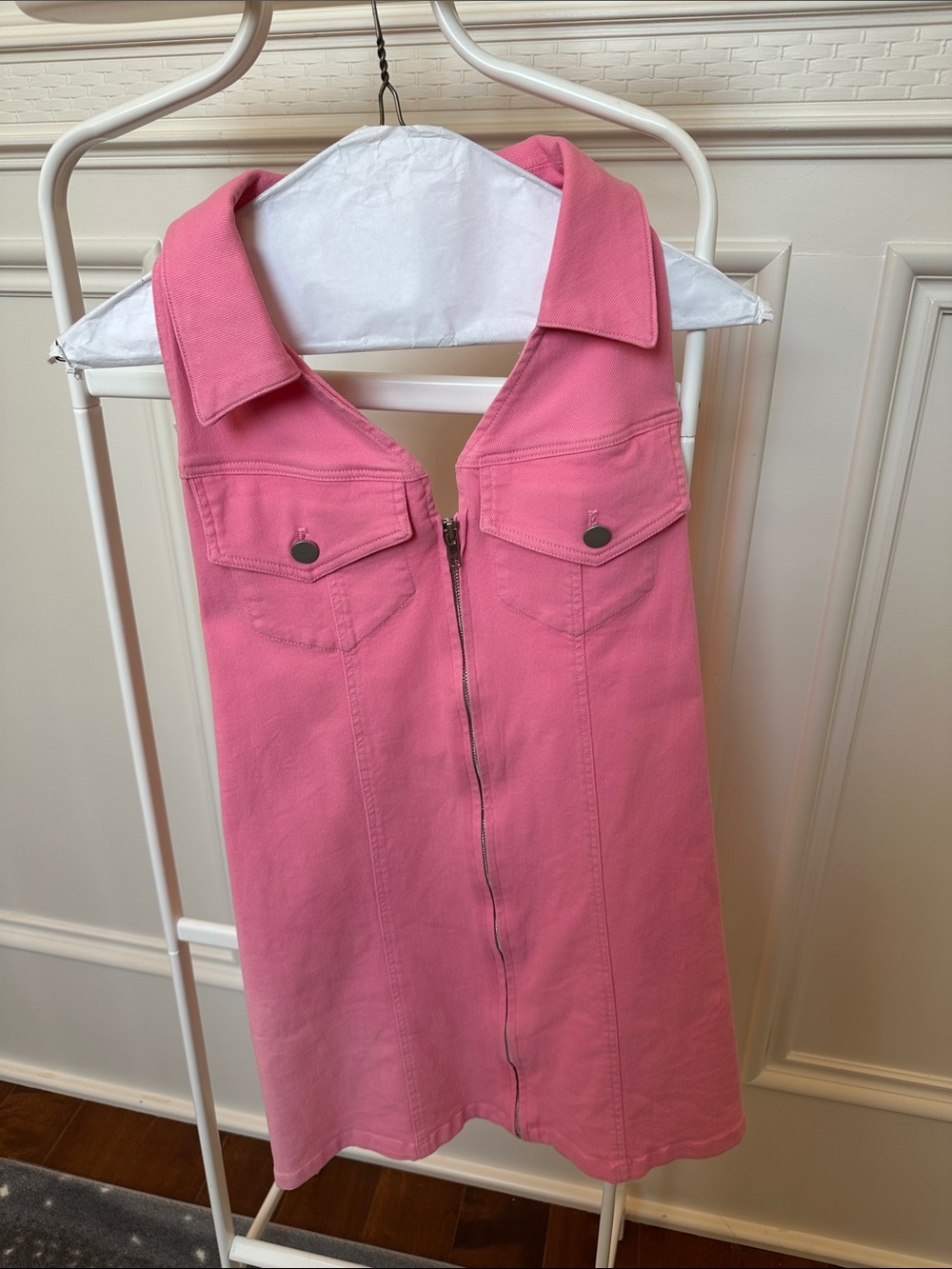 Pink Backless Zip-Front Denim Dress